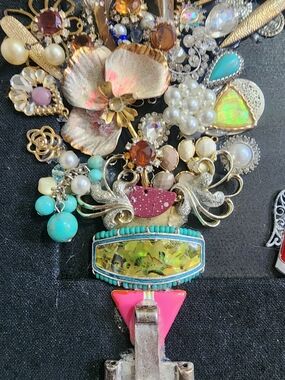Vintage Mixed-Media Flower Bouquet Framed Jewelry Art Floral